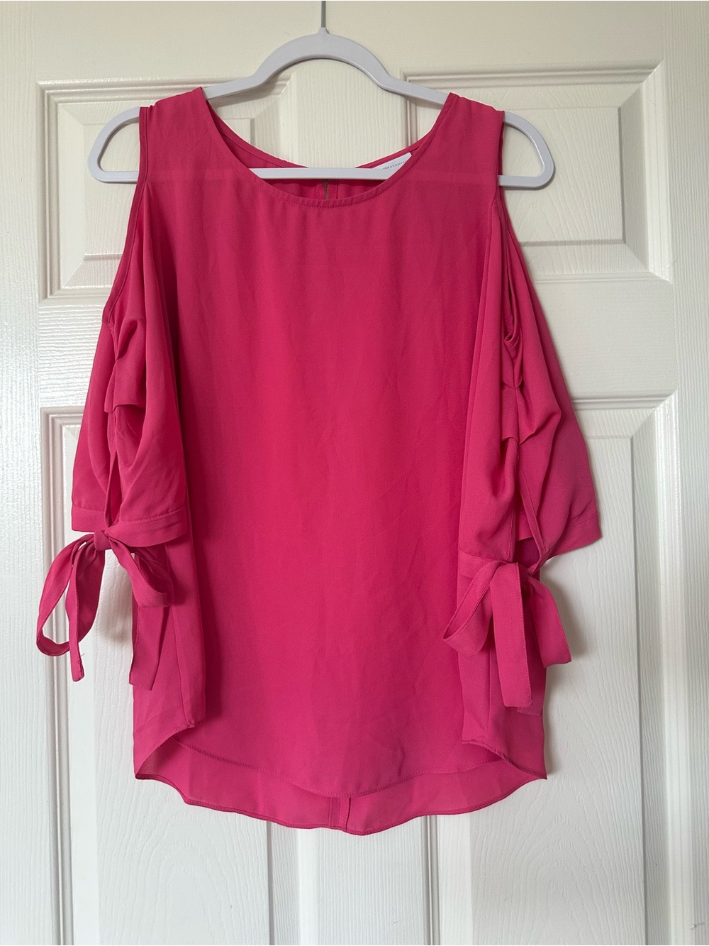 New York and Company Hot Pink Cold Shoulder Bow Tie Ruffle Details